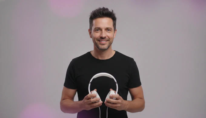 A consumer electronics founder holding wireless headphones in a product launch video
