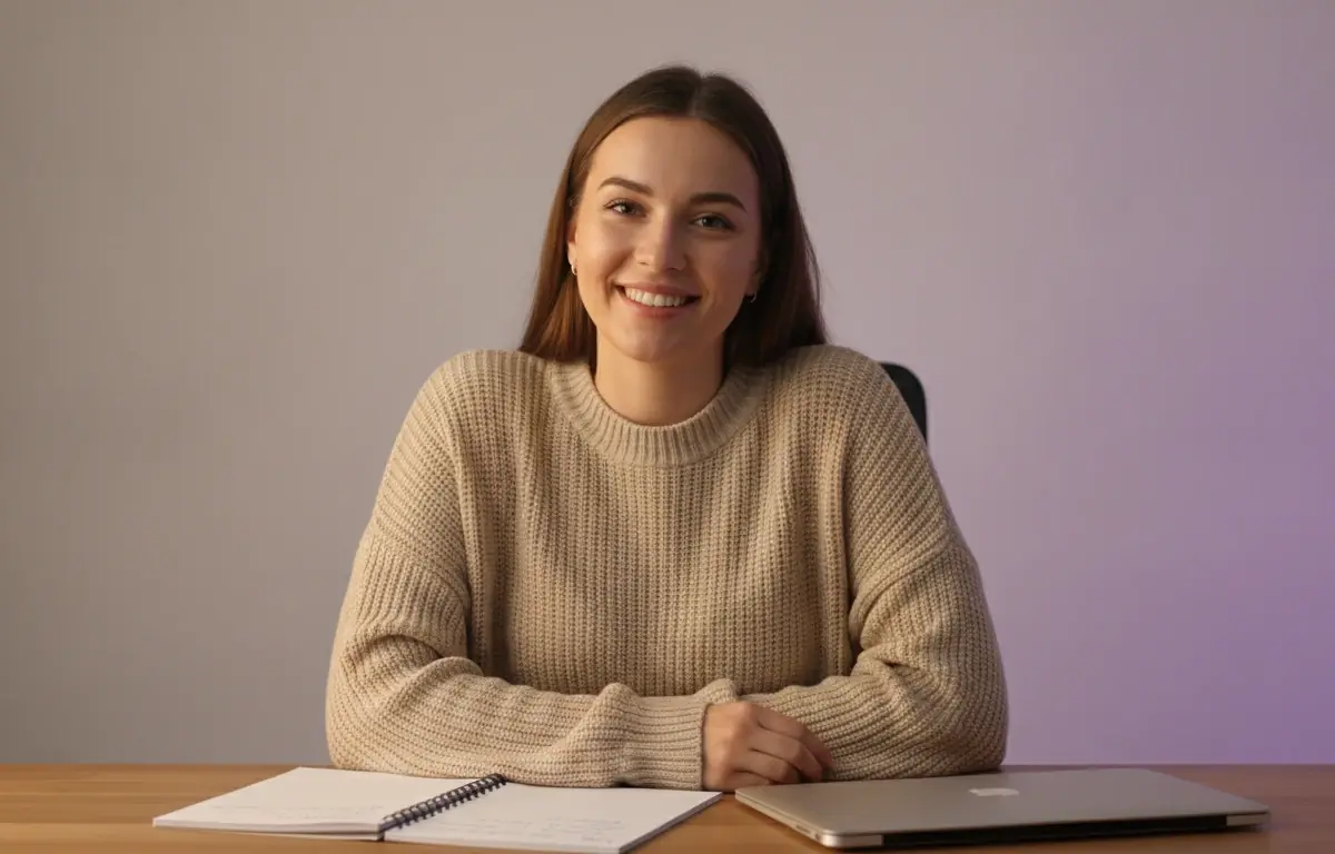 Content creator at her desk with a notebook after making a faceless video from a script in Pictory