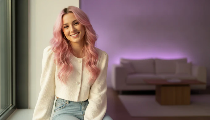 A content creator with pink hair on a sunny windowsill, in a vertical clip edited by text in Pictory