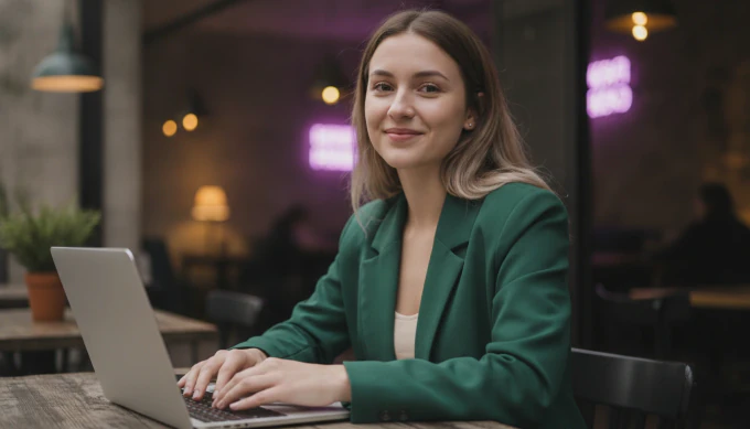 A content manager at her laptop in a cafe, turning a help article link into a how-to video with Pictory 3