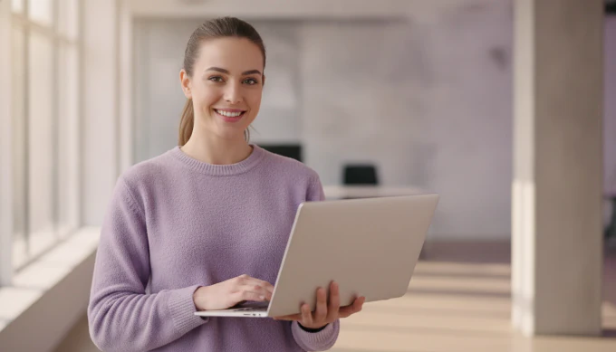 A content marketer holding a laptop in a YouTube video made from her blog post