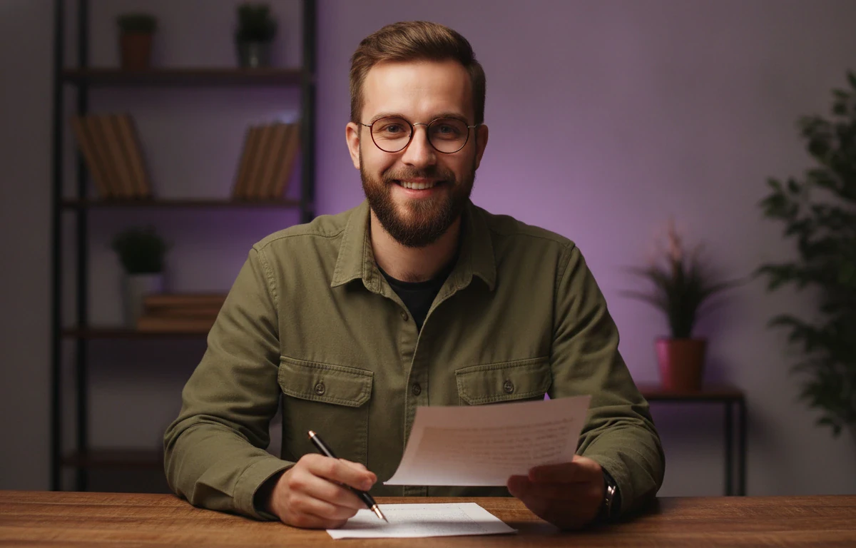A content writer at his desk with a printed script that Pictory turns into a video with the AI text to video generator