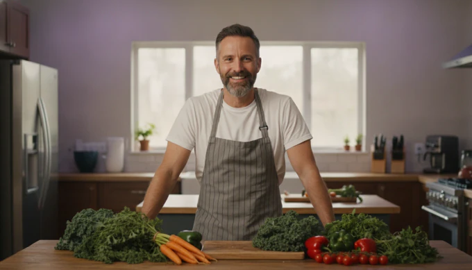 A cooking YouTuber in his home kitchen, in an episode edited by its transcript with the AI video editor
