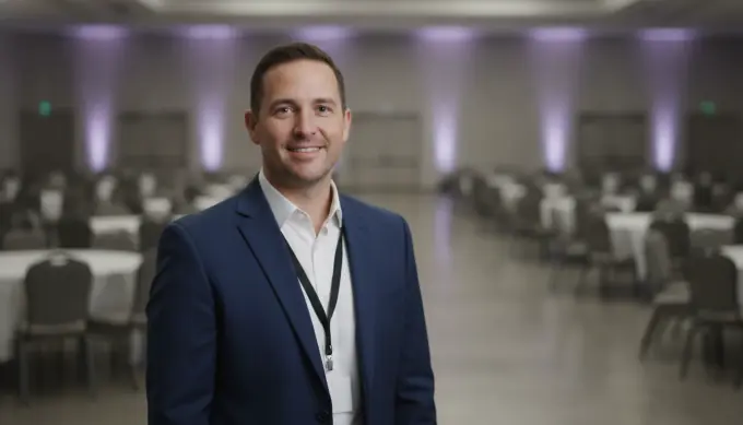 A corporate event organizer in an event hall in a company event video invitation