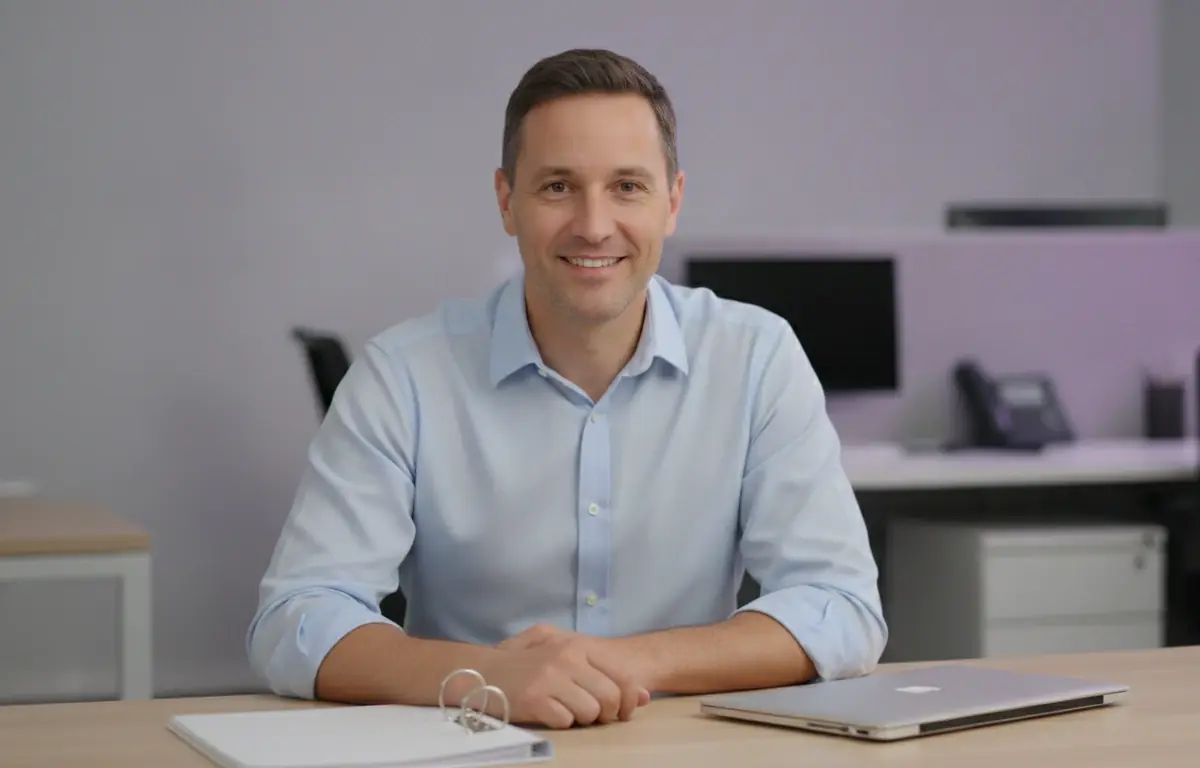Corporate trainer at his desk with a ring binder after turning a training document into a video with Pictory