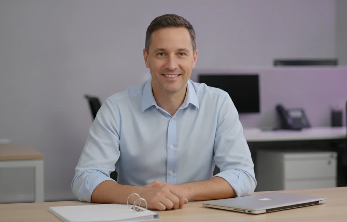 Corporate trainer at his desk with a ring binder after turning a training document into a video with Pictory