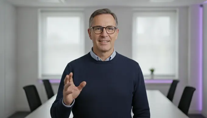 A corporate trainer explaining in a training video with an AI voiceover and soft background music