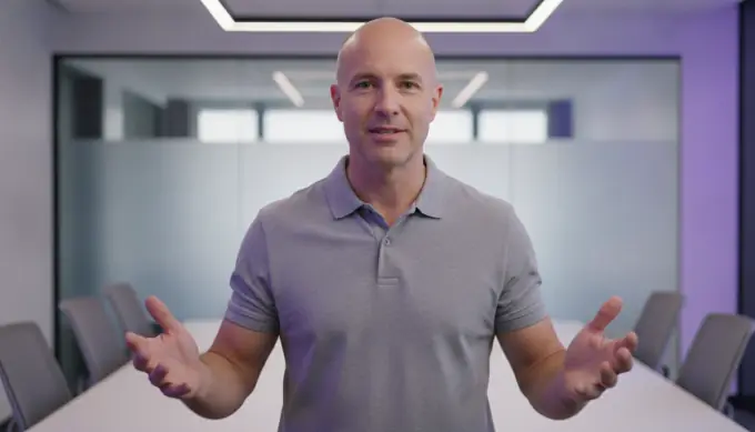 A corporate trainer explaining with open hands in a training video made from his workshop slides