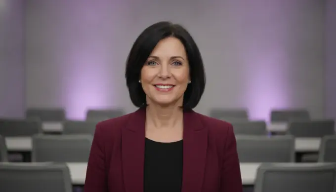 A corporate trainer in a training room in an interactive training video with quiz questions