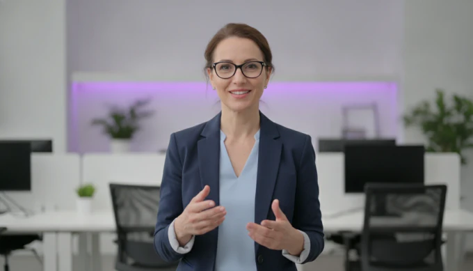 A corporate trainer presenting a training module as an AI avatar, with her script ticked off scene by scene