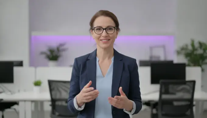 A corporate trainer presenting a training module as an AI avatar, with her script ticked off scene by scene