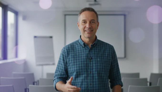 A course instructor in a training video whose updated lesson is narrated by his voice clone