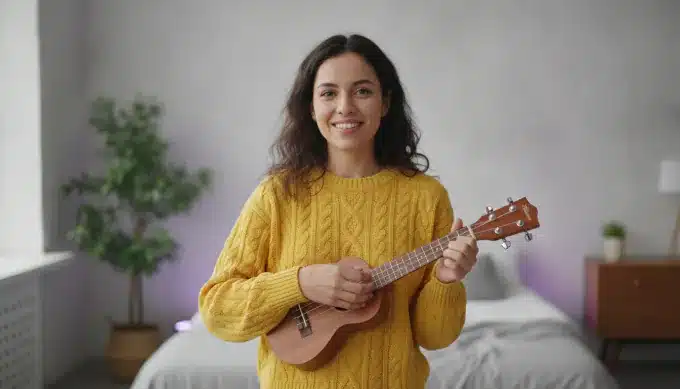 A cover artist with a ukulele in a vertical lyric video for social