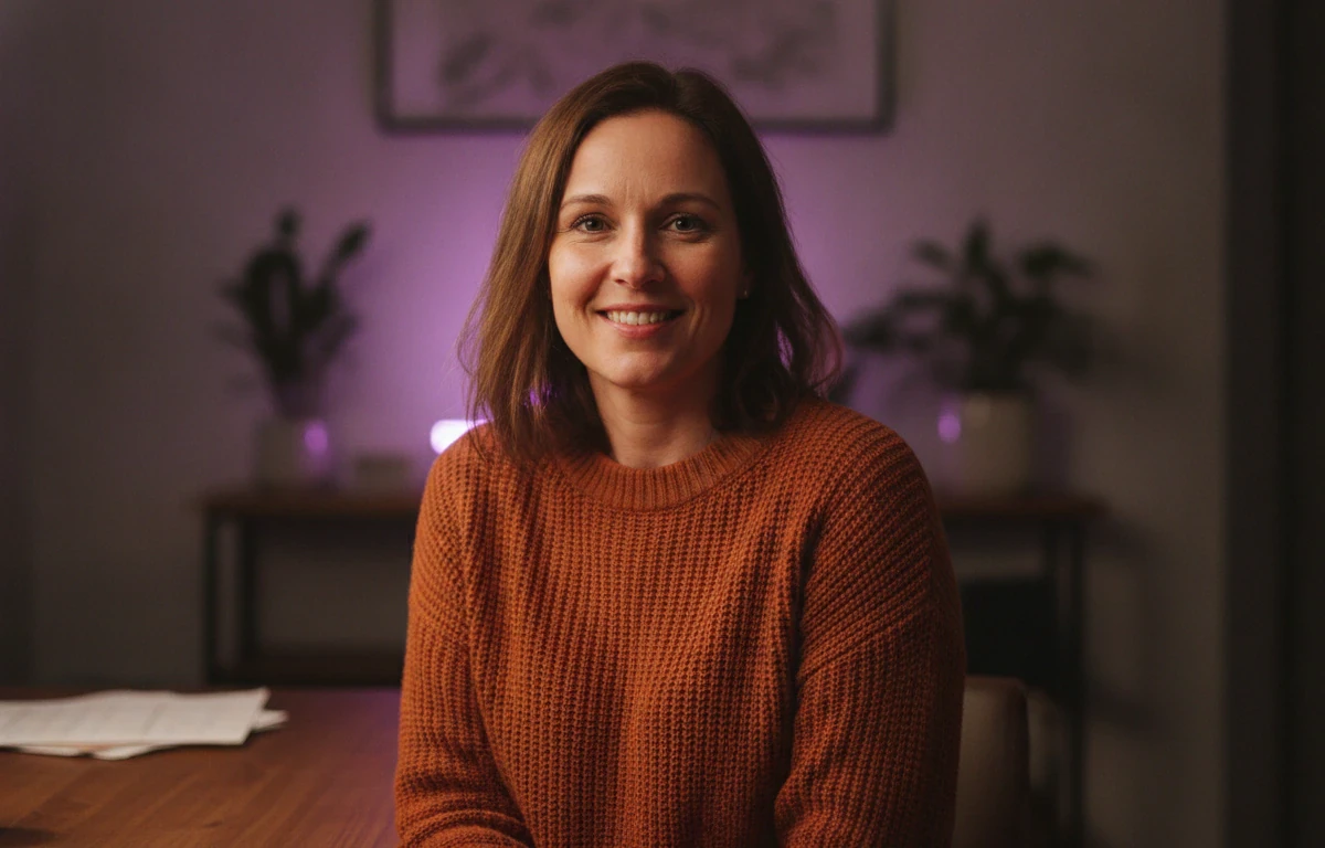 A creator at her desk after turning an idea into a 16:9 YouTube video with Pictory