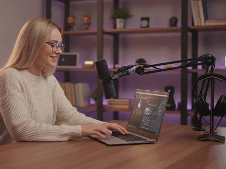 Creator at her microphone choosing an AI voice, with her voice clone ready in Pictory