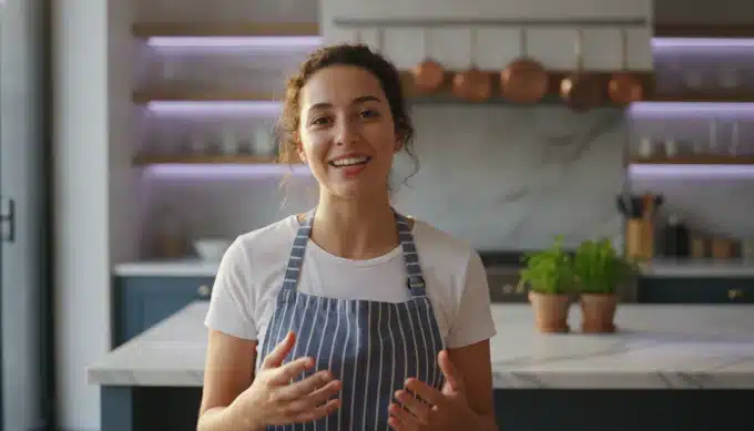 A creator filming herself in a sunny kitchen in a vertical video with bold captions from Pictory