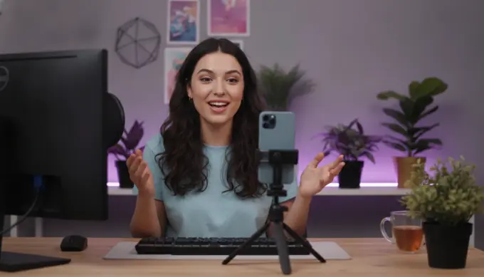 A creator filming herself on a phone, with her blog post link turned into a vertical video for Shorts, Reels and LinkedIn