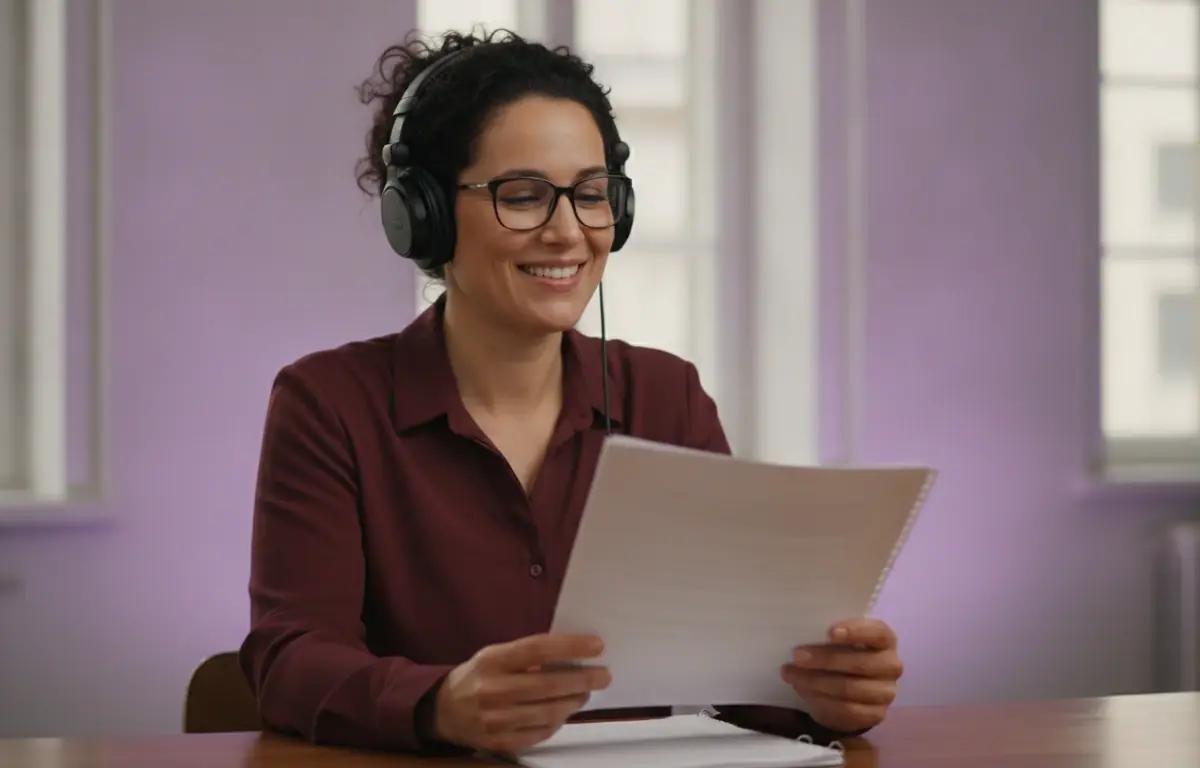 Creator holding her script and listening as Pictory's AI narrator reads it over her video