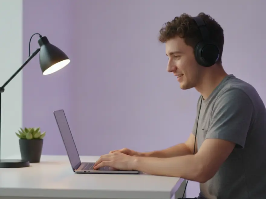 Creator in headphones at his laptop adding captions and cutting a highlight clip in Pictory