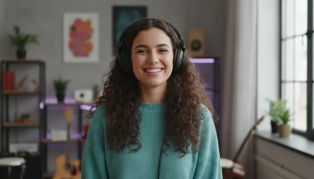 A creator in headphones smiling in a captioned video with a music track added in Pictory