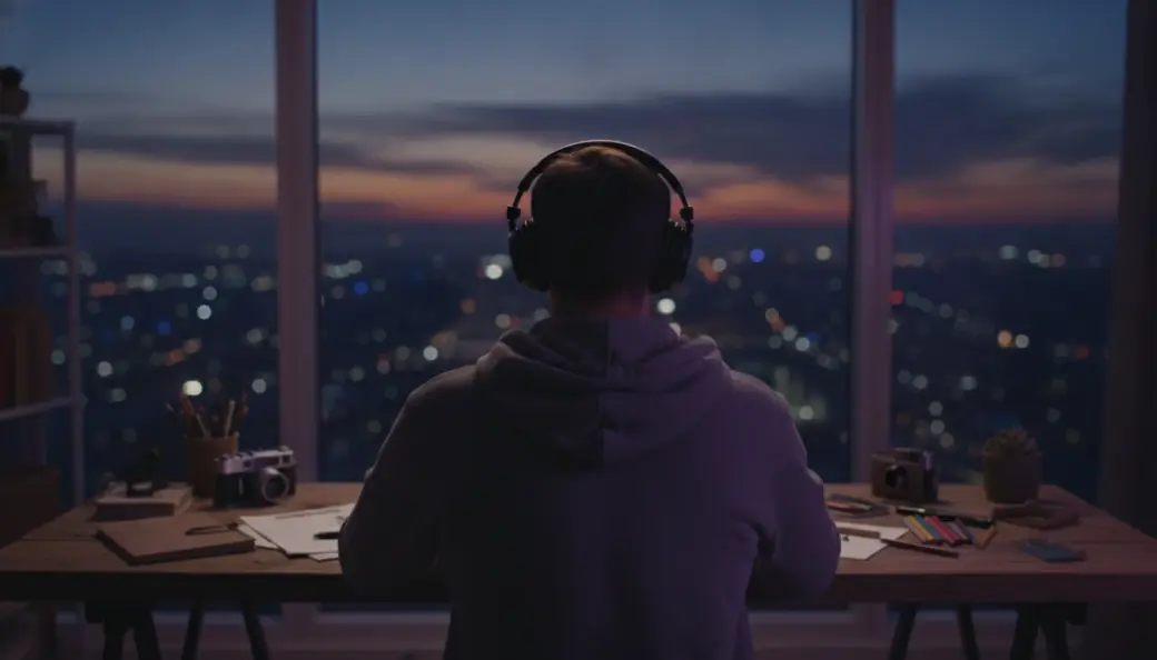 A creator seen from behind at a desk, wearing headphones and looking out at a city at dusk