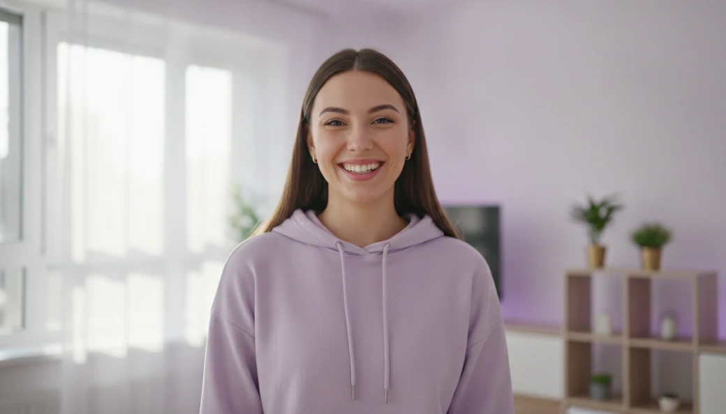 A creator smiling at the camera in her bright apartment, in a vertical Instagram Reel made with Pictory