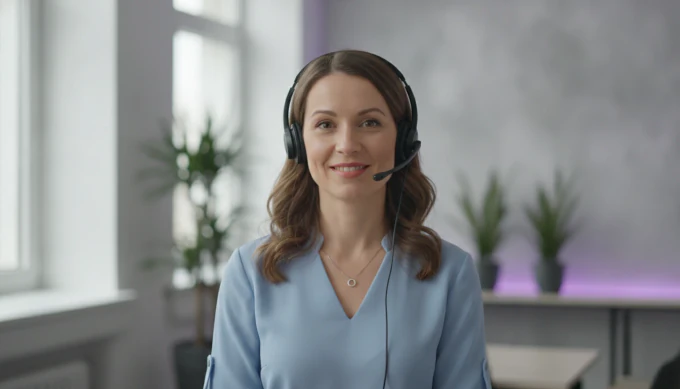 A customer support lead in a headset speaking as a talking avatar in a help video