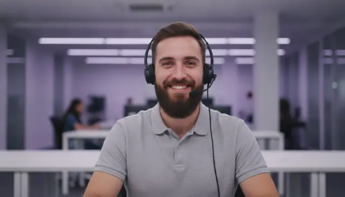 A customer support specialist in a headset, with a help article turned into a how-to video by Pictory 3
