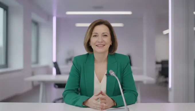 A department head at her desk in a company update video voiced by a clone of her own voice