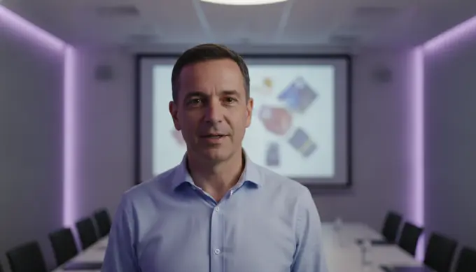 A department head presenting in a meeting room, with his slide deck turned into a narrated video by an AI video agent