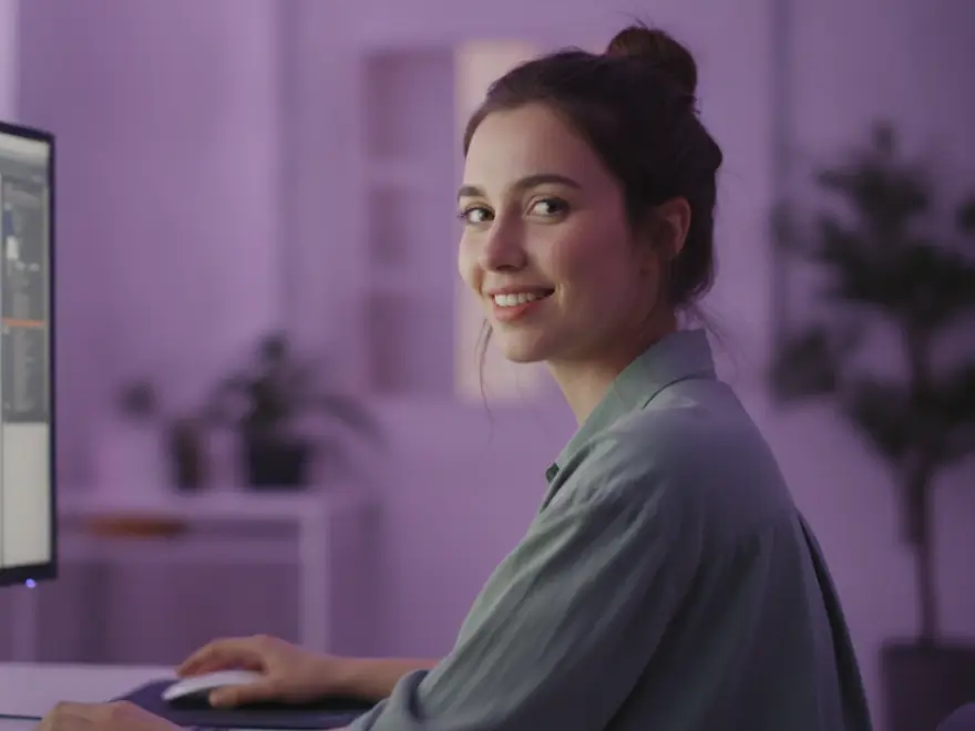 Designer at her monitor placing a chart from a PDF report into a video scene in Pictory