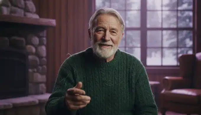 A documentary subject talking in a forest cabin in a film with subtitles generated by Pictory