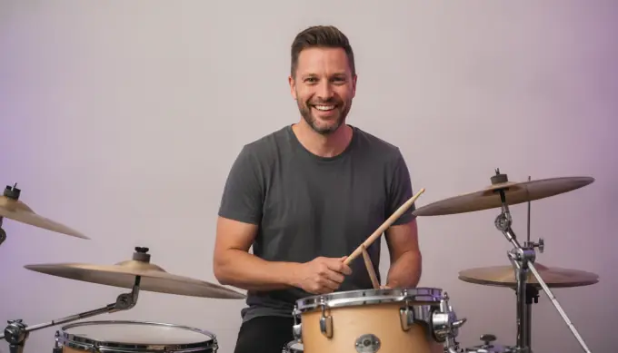 A drummer behind his kit in a vertical music clip for Reels and TikTok