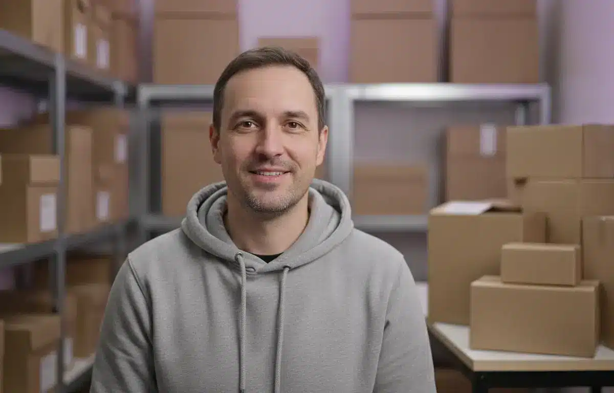 Ecommerce manager beside a table of boxes after making a product video from a product page in Pictory