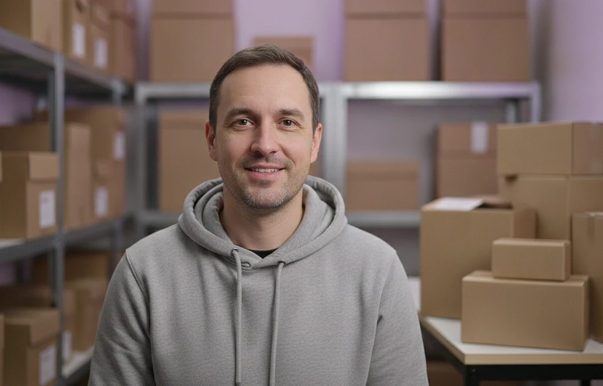 Ecommerce manager beside a table of boxes after making a product video from a product page in Pictory