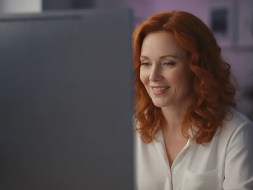 Editor at her monitor choosing a visual for a scene in a video made from a blog post