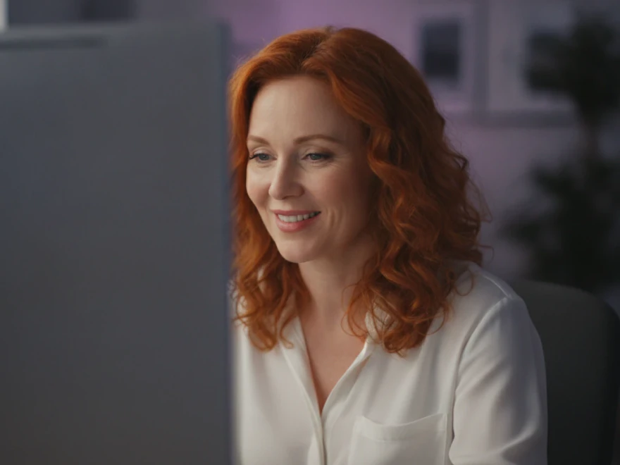 Editor at her monitor choosing a visual for a scene in a video made from a blog post