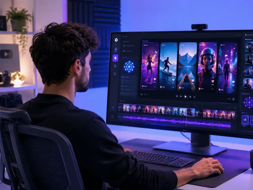 Editor at his desk placing a chart from a report into a video scene in Pictory