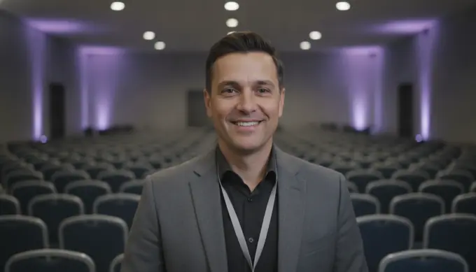 An event organizer in a conference hall in a recap video montage made from the day's photos and clips