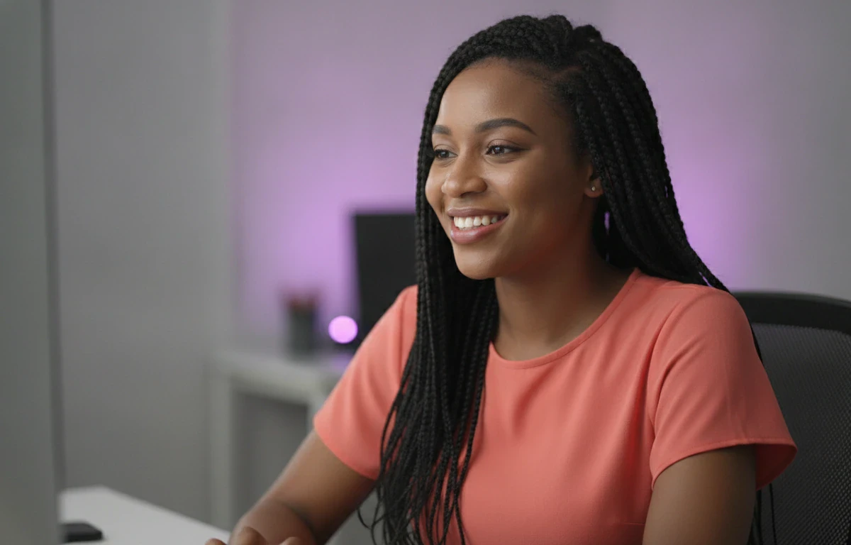 Events marketer at her desk watching the highlight reel Pictory made from a keynote recording
