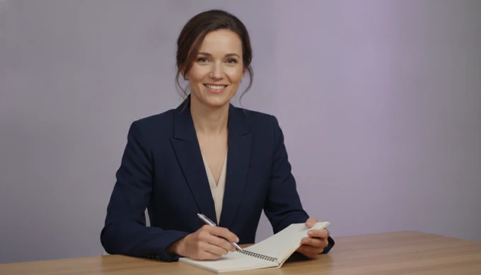 A financial advisor at her desk in an explainer video about her service
