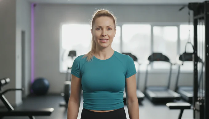 A fitness coach in a bright gym in a square Instagram post with a tip