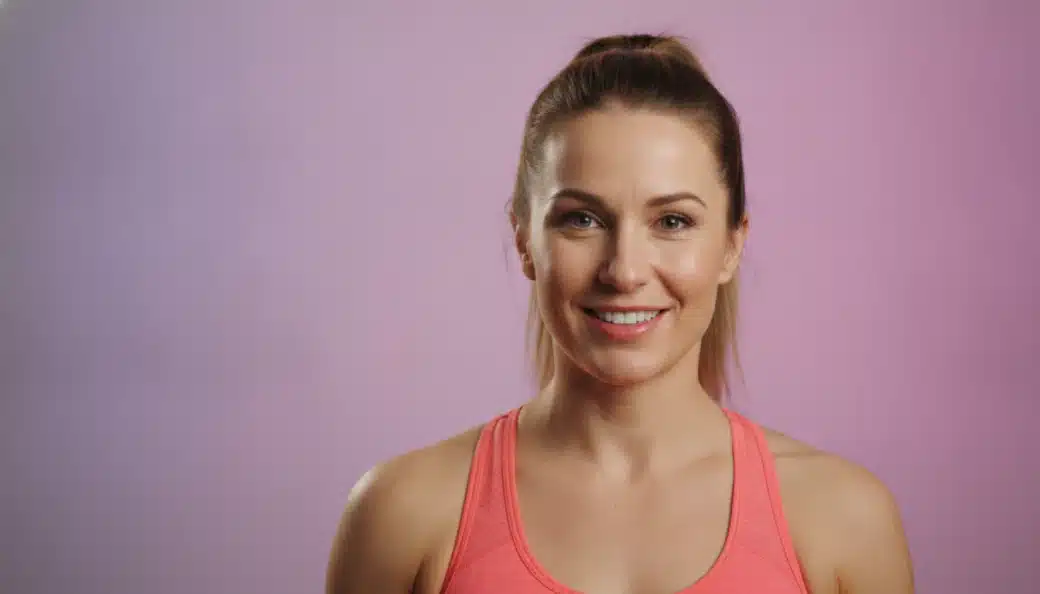 A fitness coach talking to the camera in a bright studio, with captions added by Pictory
