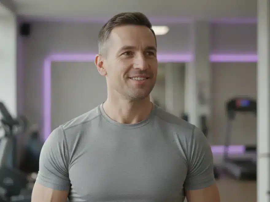 A fitness coach talking to the camera in a vertical Facebook video with captions on