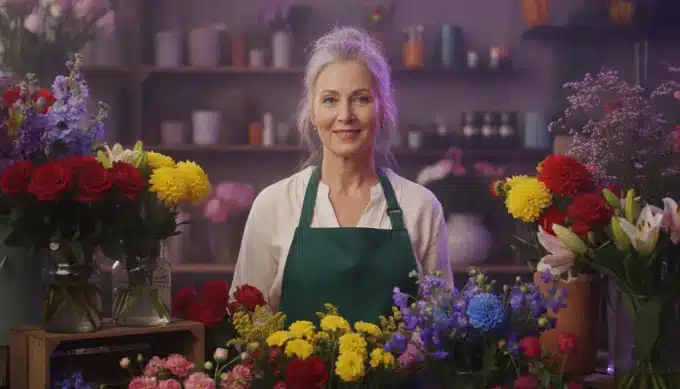 A florist in her shop in a square Facebook video about a weekend offer