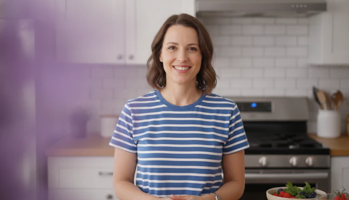 A food blogger in her kitchen in a YouTube video made from her blog post