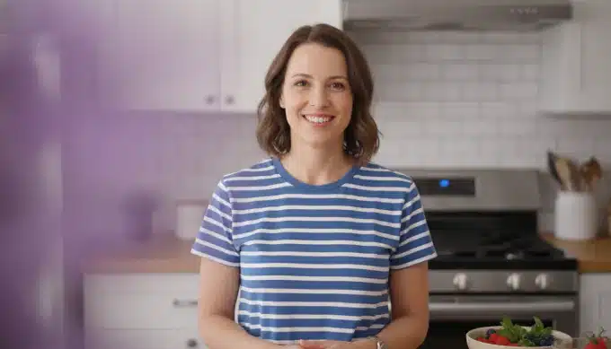 A food blogger in her kitchen in a YouTube video made from her blog post