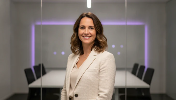 A founder in a glass meeting room in a LinkedIn video made from her blog post