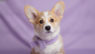 Four versions of a corgi puppy in a knitted scarf on lilac, mint, peach and yellow backdrops, with one selected
