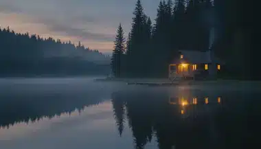 Four versions of a lakeside cabin scene, with one selected